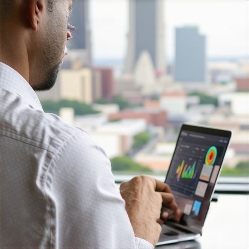 Fort Worth Local SEO Analytics Business owner reviewing SEO data with Fort Worth landmarks in background.