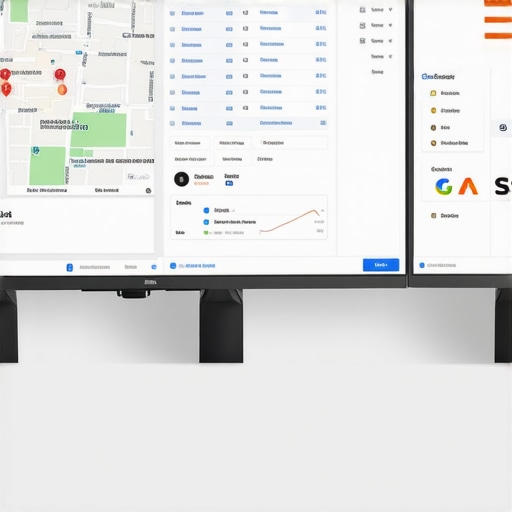 A workspace with monitors showing SEO dashboards for Google Maps and citation management.