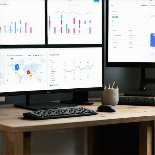Digital SEO Workspace with Analytics A high-tech workspace with screens displaying SEO analytics and maps, emphasizing local SEO management.