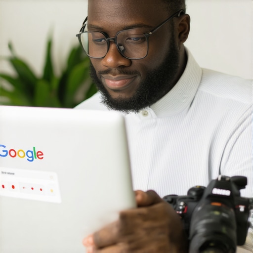 Optimizing Your Google Business Profile A person editing their business profile on a laptop with professional photos nearby