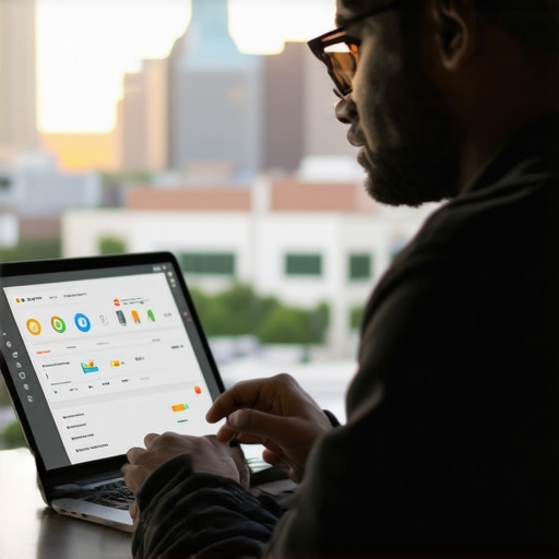 Optimizing Local SEO Tools in Fort Worth A person analyzing SEO data and tools on a laptop showing Fort Worth skyline.