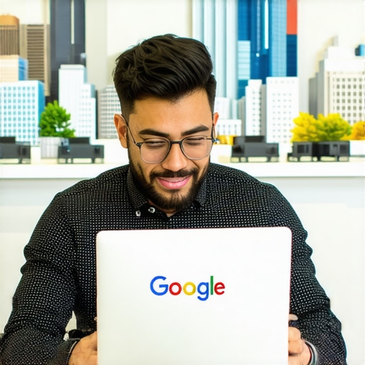 Business owner editing Google Business Profile on laptop with Fort Worth landmarks in background
