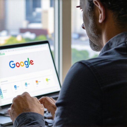 Optimizing Your Google Business Profile in Fort Worth Business owner updating Google profile on computer with Fort Worth skyline in background.