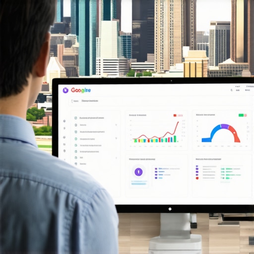 Business owner reviewing Google Maps and SEO analytics with Fort Worth skyline