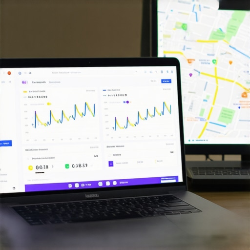 Laptop screen showing local SEO metrics with Fort Worth city map in background