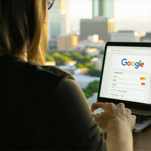 Local business owner editing profile on computer with Fort Worth city view.