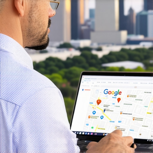 Business owner updating Google Maps profile with Fort Worth cityscape behind
