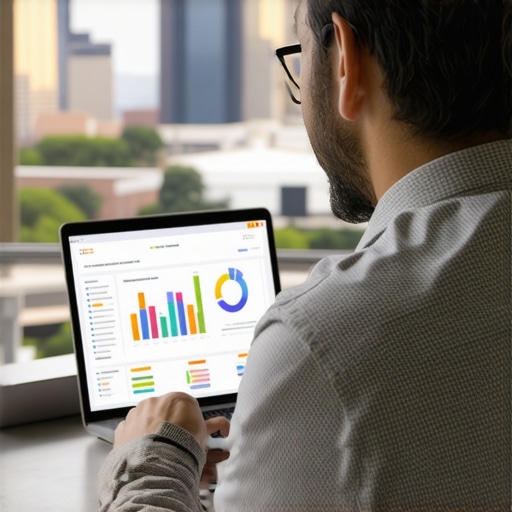 Managing Local SEO Tools in Fort Worth Business owner analyzing SEO data on laptop with Fort Worth skyline