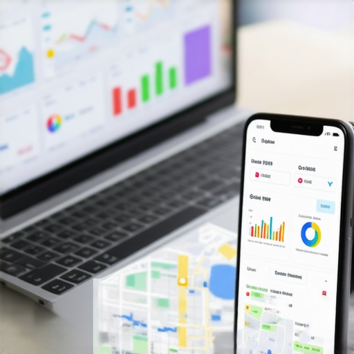 A workspace illustrating SEO analysis with screens showing maps, graphs, and keyword data.